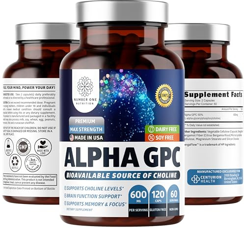 Number One Nutrition Premium Alpha GPC Choline Capsules 600mg, Natural Brain Supplement to Support Focus, Memory, Clarity and Energy, 120 Veg Caps