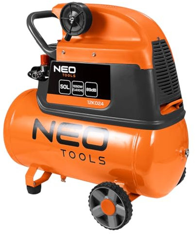 NEO TOOLS Kompressor, 50 Liter Luftkompressor, Max. Druck 8 Bar, 1050 W, 169 L/min, Ölkompressor, Ölkompressor mit Ablassventil, Kompressor auf Rädern, 700 x 325 x 665 mm, Kabellänge: 1,8 Meter