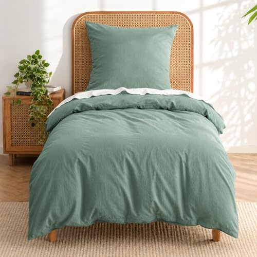 Duvetnova Housse de Couette 135x200 Coton Vert Sauge Ultra-Doux 100% Coton Pré-Lavé Oeko-TEX Été 1 Housse de Couette 135x200 + 1 Taie 80x80 avec Fermeture Éclair