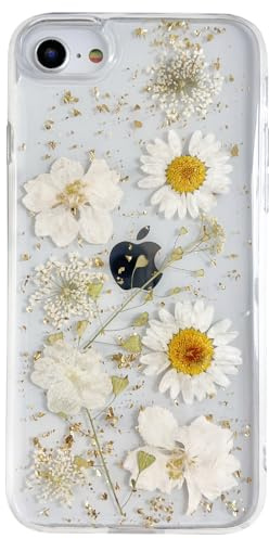 AMART für iPhone 7/8/SE 3/SE 2020 Hülle Blumen, Durchsichtig Handyhülle mit Echte Getrocknete Blumen Hülle,Klare mit Glitzer Motiv Weich Silikon Schutzhülle für iPhone SE 3(Gold Blume)