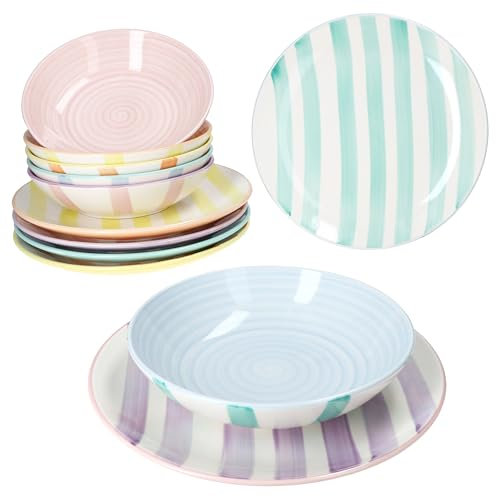 MamboCat Beach Pastello Stripes, servizio da tavola 12 pezzi, stoviglie in gres porcellanato con strisce pastello, per 6 persone, 6 piatti piani e 6 piatti fondi per colazione, pranzo e pane cena