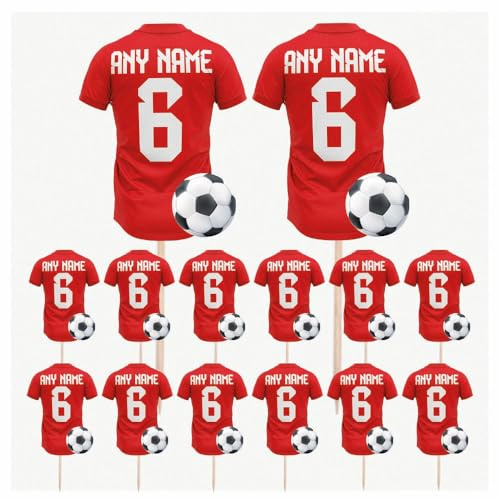 Personalised Football Shirt Toppers, Food Picks, Soccer Jersey Cupcake, Party Decorations, 14 Pack (RED)