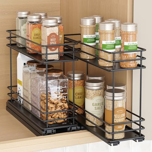 Orimade Gewürzregal Ausziehbar, Gewürz Organizer Schrank, Gewürz Regal,Kein Zusammenbau,Gewürzregal ohne Bohren T26.5*B8.5*H21cm Schwarz