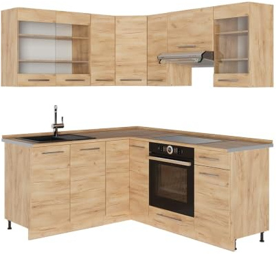 Vicco Eckküche Fame-Line, Goldkraft Eiche/Goldkraft Eiche, 190 x 160 cm | 10 Module · Höhenverstellbare Füße · Ohne Arbeitsplatte · Robuste Fronten · Softclose · Metallgriffe