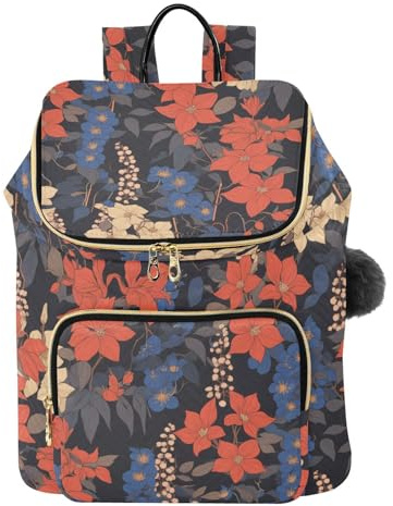 KLL Retro Clematis Flowers Blue Red Women Backpack Premium Casual Ladies Gym Bag Travel Backpack for Daily Travel Work