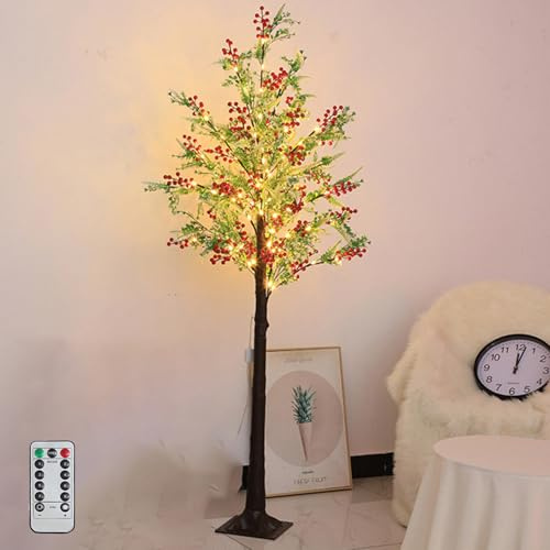 OOWOKS LED Baum Lichter 8 Lichtmodi mit Fernbedienung Weihnachtsbaum 180cm mit 96 Warmweißen LEDs, Weihnachtsdeko mit Blätter Zweige und Rote Früchte Dekoration für Weihnachts Hochzeit Party,180cm