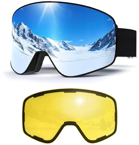 Lunettes de ski,Masque de Ski,YH212 OTG Magnétique Masque Lunettes de Ski pour Hommes Femmes Jeunes,Anti-UV, Anti-Buée Sangle réglable (Monture noire-Verres argentés VLT 13 %+Verres jaunes VLT 78 %)