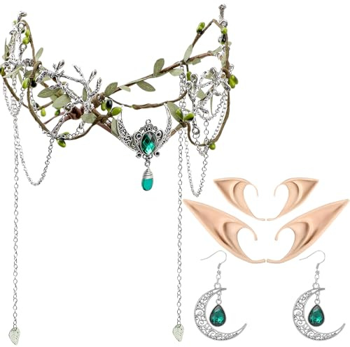 MOSTORY Elfenohren Kopfschmuck Ohrringe Damen Set, Diadem mit Quasten und Mond für Cosplay Karneval Renaissance Kostüm