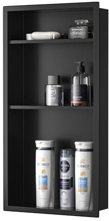 Bernkot Stainless Steel Shower Niche 24 X 12 Matte Black No Tile Needed Vertical Niche Shower with Three-Tier Shelves Recessed Wall Niches for Bathroom Storage Over Mount Installation