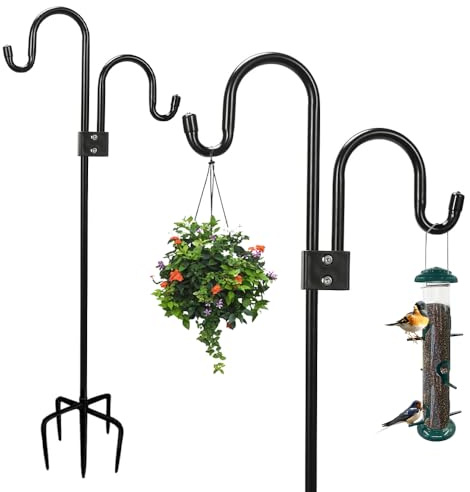 RNPKZ Bird Feeders Hanging Station Stand, 76 Inch Double Shepherds Hook for Outdoor, Free Standing Feeding Poles Hangers with 5-Prong Base, Height Adjustable Garden Hook for Lanterns, Plant Baskets