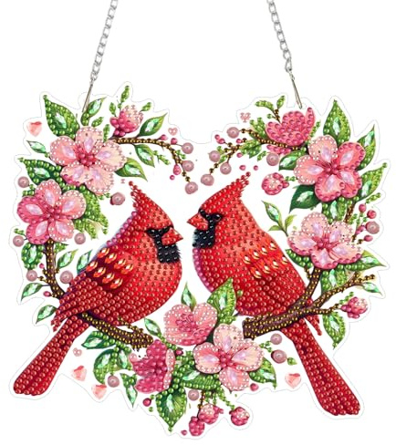 QENSPE Cardenal Diamond Painting Colgante con Cadena, Corazón Corona Pintura Diamantes para Adultos, Forma Especiale Gem Art Adorno Ventana Puerta y Jardín Decoración Regalo, Ancho 20 cm