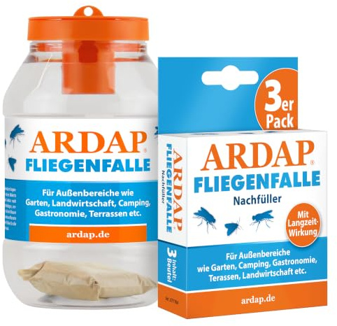 ARDAP Fliegen Set: Fliegenfalle Draußen + Nachfüller (3er Pack) - Biologische Fliegen Fallen, Natürliche Fliegenfallen mit Anti Fliegen Lockstoff, Fliegenköder für Garten, Camping (PT19)