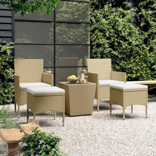 RCODSSK 5-TLG. Außenset mit Stahlrahmen beige, 5-TLG. Bistro-Set Poly Rattan Hartglas Beige, Bistro-Set mit gehärtetem Glas 5-teiliges Gartenset PE-Rattan