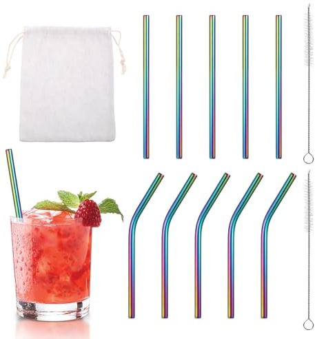 10 Pack Short Metal Straws 5 Inch Reusable Straws Travel Stainless Steel Straw 5 Straight 5Bent with 2 Cleaning Brush for Kitchen,Home Bar,Party