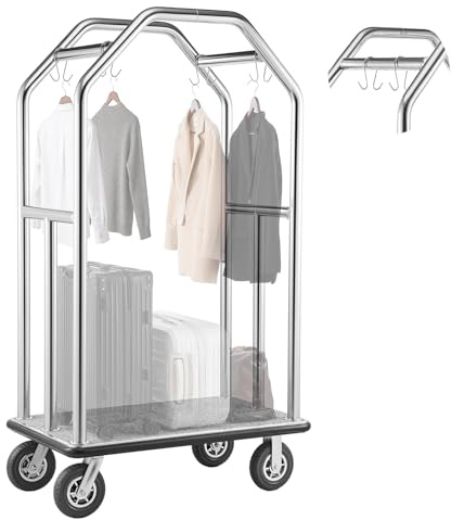 VEVOR Chariot à Bagages d'Hôtel, Charge Max. 680,39 kg, Chariot Porte-Bagages avec Barres de Suspension pour Complexes Hôteliers, Cadre INOX, Roues en Caoutchouc 203 mm, Plateau Moquetté Gris, Argent