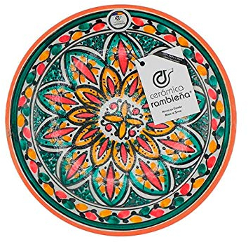 CERÁMICA RAMBLEÑA | Plato decorativo para colgar en pared | Plato de cerámica | Rojo-Verde-Amarillo | 100% Hecho a mano | 27x27x4.5 cm