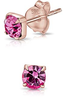 DTPsilver® WINZIGE Quadratischer Ohrringe 925 Sterling Silber Rosen-Gold überzogen mit Runde Kristallen von Swarovski® Elements - Sehr KLEINE Ohrstecker - Durchmesser 4 mm - Farbe : Fuchsie
