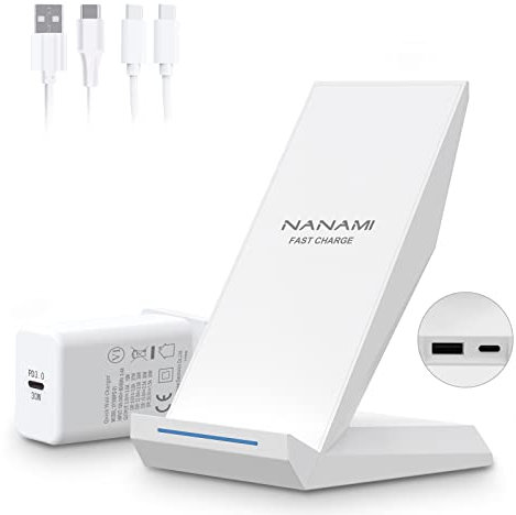 NANAMI Wireless Charger with 30W USB-C Charger - 15W Max Cordless Charging Stand for Samsung Galaxy S25 Ultra S24 S23 S22 S21 S20 S10 S9, 2-in-1 Qi Fast Contact Charger for iPhone 16 15 14 13 12 11 X