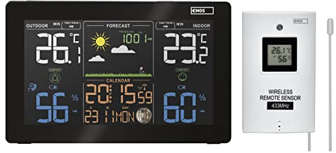 EMOS E5111 Stazione meteo radio per temperatura interna ed esterna con sensore esterno, display a colori, previsioni meteo, orologio radio, barometro, tendenza di pressione e temperatura, calendario,