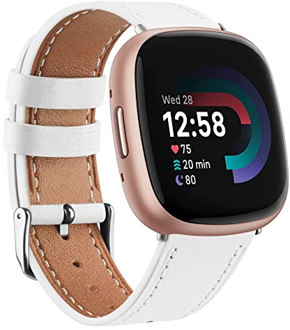Vancle für Fitbit Versa 4 Armband/Fitbit Versa Sense 2 Armband Leder Damen Herren,Weiches Atmungsaktives Leder Sport Armband Ersatzarmbänder für Fitbit Versa 3/Fitbit Versa Sense(Weiss)