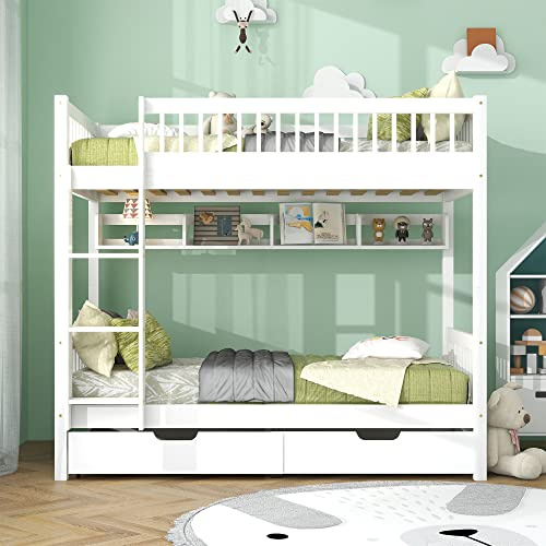 BTM Bunk Bed, 3FT Wooden Bunk Beds with Drawer Storage, Pine Bunk Beds with Shelf, White (90x190cm)