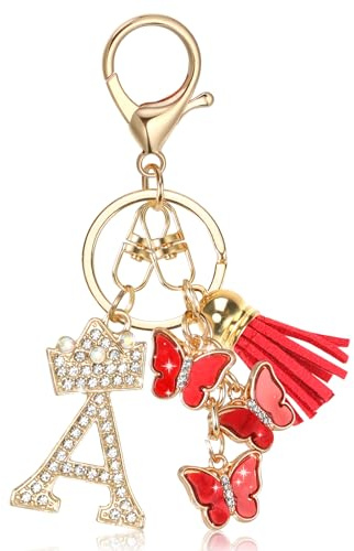 MWOOT Porteclés lettre initiale, Porte clés papillon cristal, porte clé personnalisé femmes, pour sac à main, sac à dos Charmes, lettre A
