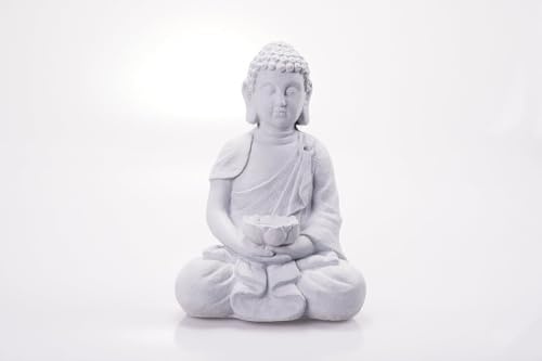 hausleben Eleganter Sitzender Buddha mit Vogelbad – Magnesia-Statue in Zement-Optik 28,5×19×40 cm | Wetterfeste Gartenfigur & Wohn-Deko | Vielseitige Schale als Kerzenhalter oder Vogelbad