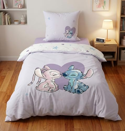Stitch und Angel Heart Bettwäsche 140x200 + Kissenbezug Baumwolle | Wendebettwäsche Einzelbett | Naturbaumwolle atmungsaktiv Oeko-Tex | Disney Lilo & Stitch | Jugendliche | Maschinenwaschbar
