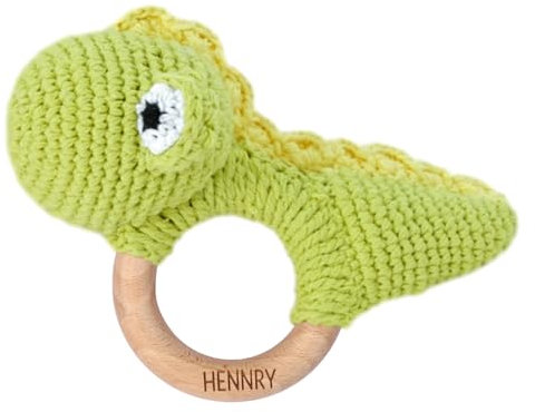 NGTSFLY Personalisierte Geschenke Baby - Personalisierter Beißring Baby aus Holz - Greifling Personalisiert Babyrassel mit Name, Geschenk zur Geburt Junge und Mädchen (Grüner Dinosaurier)