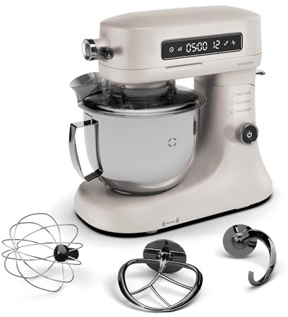 Klarstein Chiara Robot de Cocina 1600W – Bol 5L Acero Inoxidable, 12 Velocidades, Pantalla Táctil LCD, Silencioso ≤72dB, Accesorios Apto Lavavajillas, Carcasa de Aluminio Fundido, Arena