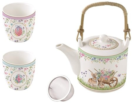 Spring Bloom Teeservice-Set, Porzellan-Teekanne mit Metallsieb und 2 Osterei-Becher, Osterhasen-Design, Weiß