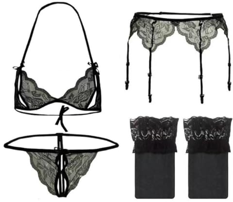 EOYVAIL Saltos de cama y camisolas para mujer,4 piezas negro ver-a través de los pantalones de las mujeres abiertas bikini lencería medias de encaje tanga