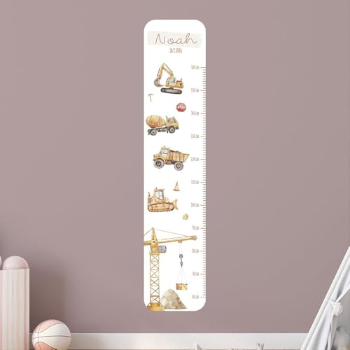 Personalisierte Messlatte Kinder Baustelle – mit Namen – 50-150 cm – Tiere Deko fürs Kinderzimmer – Wandtattoo ohne PVC – Wachstumstabelle Baby & Kind – Geschenk zur Geburt oder Taufe (Zum Aufkleben)