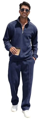 amropi Uomo Tuta in Velluto a Coste Felpa Foderati in Pile con Cerniera e Pantaloni Sportiva Set Marina, S