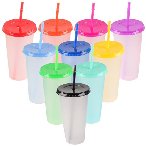 PINGEUI 20 vasos que cambian de color, vasos de plástico de 24 onzas con tapas y popotes, vasos reutilizables para agua fría, cambio de color para café helado, fiesta, viajes, coloridos