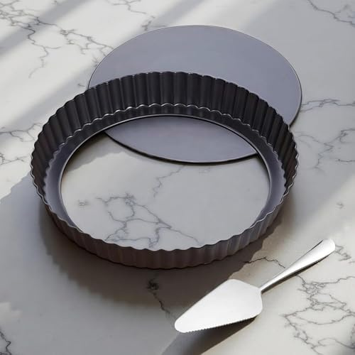 Yamteck Teglia per quiche da 24 cm, con paletta per torte, base allentata, teglia per crostata per cottura con rivestimento antiaderente e robusto acciaio al carbonio, custodia per flan, mini tortiera