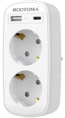 Ladrón Enchufes 4 en 1 con USB-A y USB-C, Enchufe Doble para Pared, Compacto para Familia, Cocina y Oficina, Blanco, 4000W/16A