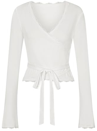 GMGQJST Scaldacuore Danza Bambina Top Avvolgente da Danza Classica con Lacci Incrociati for Donna, Maniche Lunghe con Bordi in Pizzo, Scollo a V, vestibilità Slim, con Lacci Anteriori(White,M)