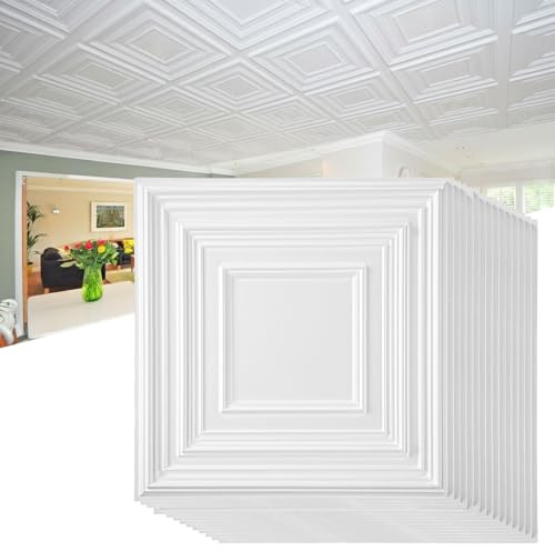 Nuanchu 60 Pcs Drop Ceiling Tiles 12 x 12 Inch PVC Ceiling Tiles Glue up Cuttable Paintable DIY Wall Panels 3D Decorative for Bathroom Interior Kitchen TV Background (White)