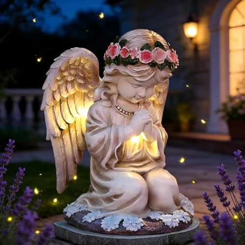 ZMCVOE Estatuas de ángel solar de jardín, escultura decorativa de ángel, resistente a la intemperie, figura LED de ángel de hada, ángel solar para tumba para exteriores, jardines y terrazas (ángel