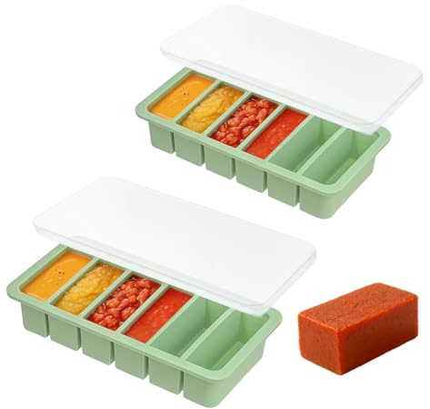 2 Stück 6 Löcher Silikon Gefrierform mit Deckel, BPA-frei Suppen Einfrieren Behälter mit Fülllinien, Extra Große BehäLter Zum Einfrieren für Suppen, Brühen, Soßen und Butter (Grün)