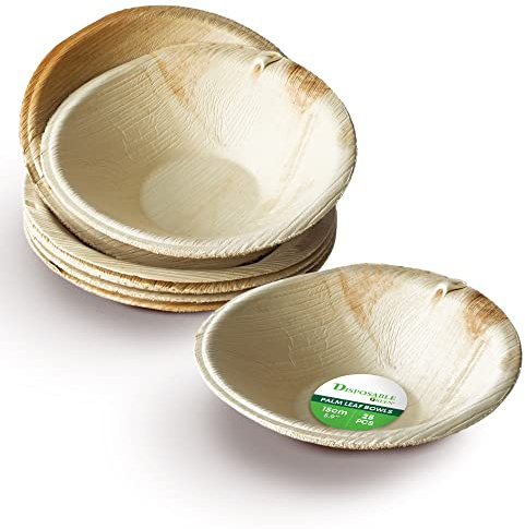 DISPOSABLE GREEN – Round Disposable Bowls, Areca Leaf Serving Bowls, Serving Bowls for Parties, Weddings, Catering, & More, Disposable Bowls for Hot Food & Cold Food, 15cm Round x 3.5cm Deep, 25-Pcs