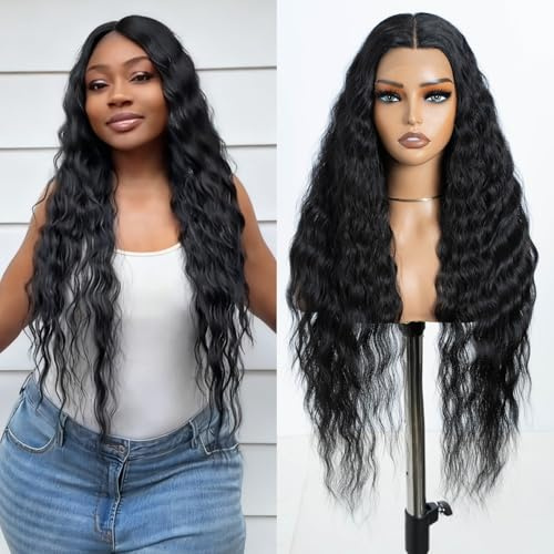 Style Icon Perücke mit Filmansatz Super Lange Lace Front Wigs für Frauen Kunsthaar Wasserwelle Perücken mit Mittelscheitel Damen Wig 76cm Kunstfaser synthetische Faser (Natural Black)