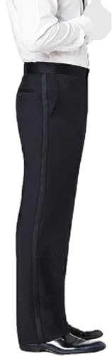 RGM Herren-Smoking-Hose, Satin, gestreift, Plissee oder flache Vorderseite - Schwarz - 30W / 32L