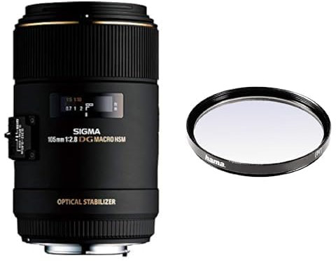 Sigma Objectif 105 mm F2,8 DG OS HSM - Monture Nikon & Hama Filtre UV (Anti-UV et Protection, Compensation 2X, Traitement antireflet, pour objectifs d'appareils Photo 62 mm, O-Haze, traité) Noir