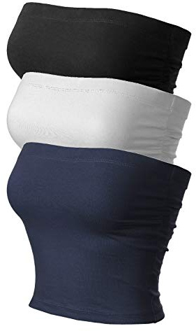 MixMatchy - Confezione da 3 top a fascia con reggiseno integrato, casual, estivi, a doppio strato, arricciati, con schiena scoperta, a tinta unita, nero, bianco, blu navy, S