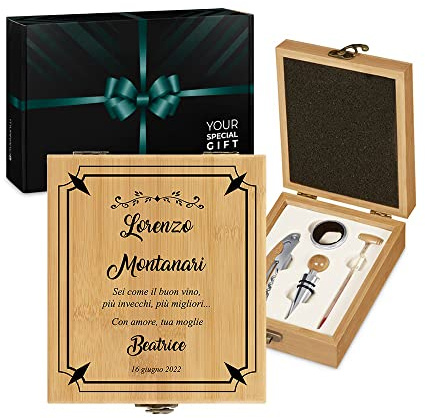 Maverton Set Cavatappi da Vino, Kit da Sommelier Degustazione Perfetta | Personalizzato, Scatola in Legno di bambù + 4 Pezzi di Accessori Vino, Regalo Uomo, regalo di Natale, Buon Vino