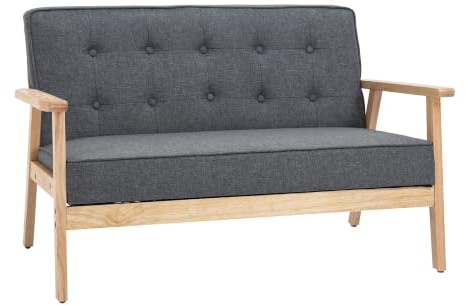 HOMCOM Sofá de 2 Plazas, Tapizado en Lino Sintético 113x67x78 cm Gris | Sofá Nórdico, Patas y Reposabrazos de Madera de Caucho, Respaldo Acolchado, para Salón Dormitorio Oficina Sala de Estar