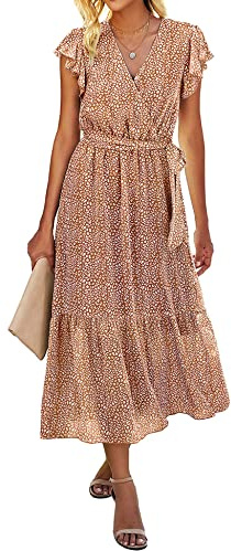 SEVETAT Damen Chiffon Boho Lange Kleid mit Gürtel Sommerkleid Partykleid Elegant V-Ausschnitt Maxikleid Blumenkleid Abendkleid Rüschen Strandkleid Cocktailkleid (Kaffeefarbe, S)