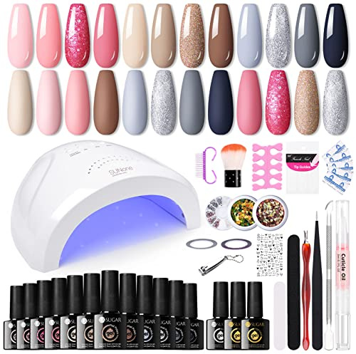 UR SUGAR Nagellack Starterset mit Lampe 48W, 12 Farben UV Gellacks Set mit U V Lampes Rosa Nude mit Base und Top Matte Coat Nagelset Gelnägel Komplett Nagelstudio Maniküre